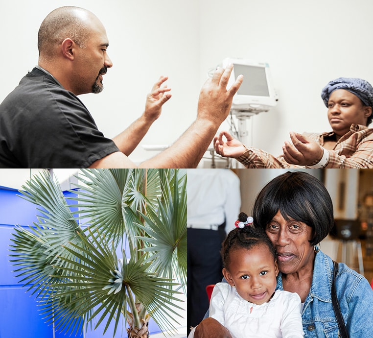 Collage featuring Dr. Casillas at the hospital's emergency doors, with a patient, and an African American woman and baby