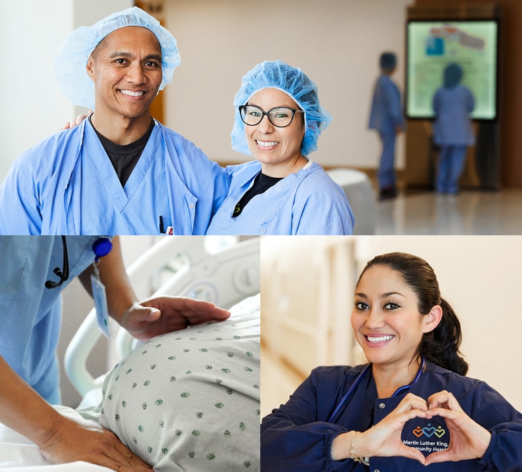 Collage showing three nurses and a pregnant mother's stomach