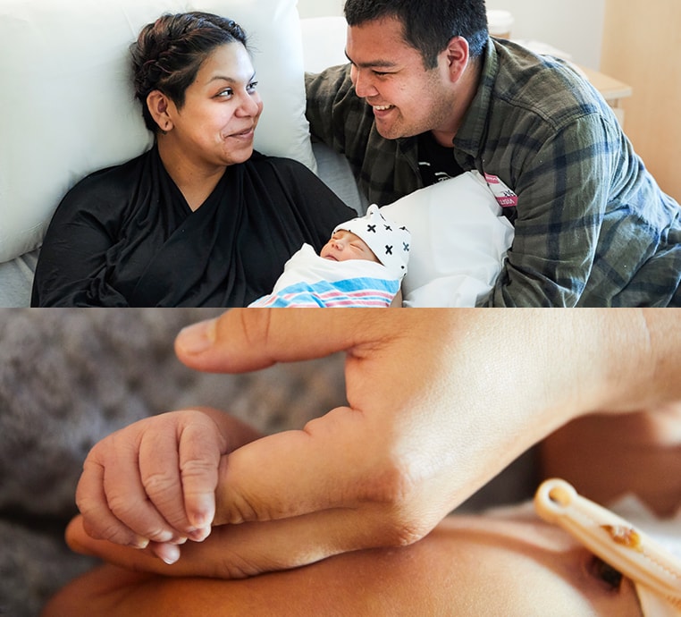 Top, a new family including a woman, man and new baby. Bottom, a closeup of an adult’s hand holding a newborn’s hand.