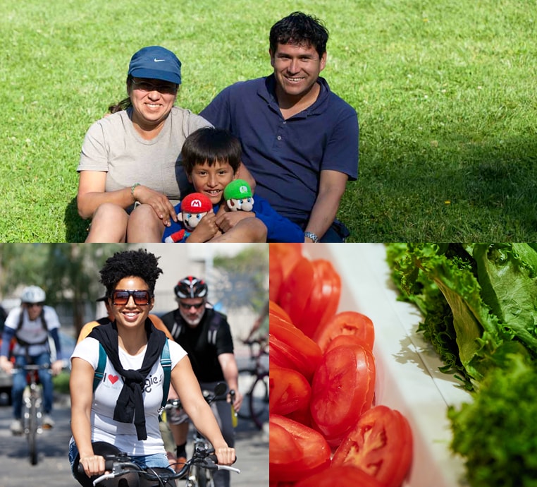 Top, a young Latino family smiles in a South LA park. Bottom left, a woman on a bicycle. Bottom right, tomatoes and lettuce