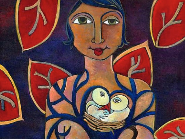 Ilustración de una mujer sosteniendo tres pajaritos en un nido