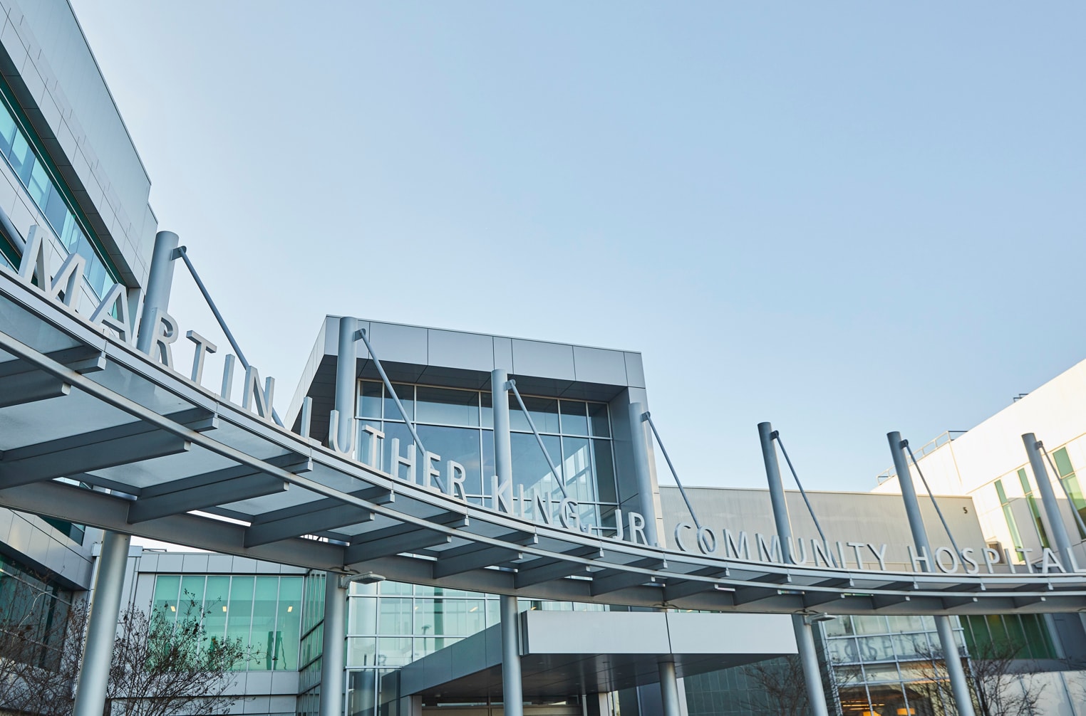 Closeup of hospital name over front entrance