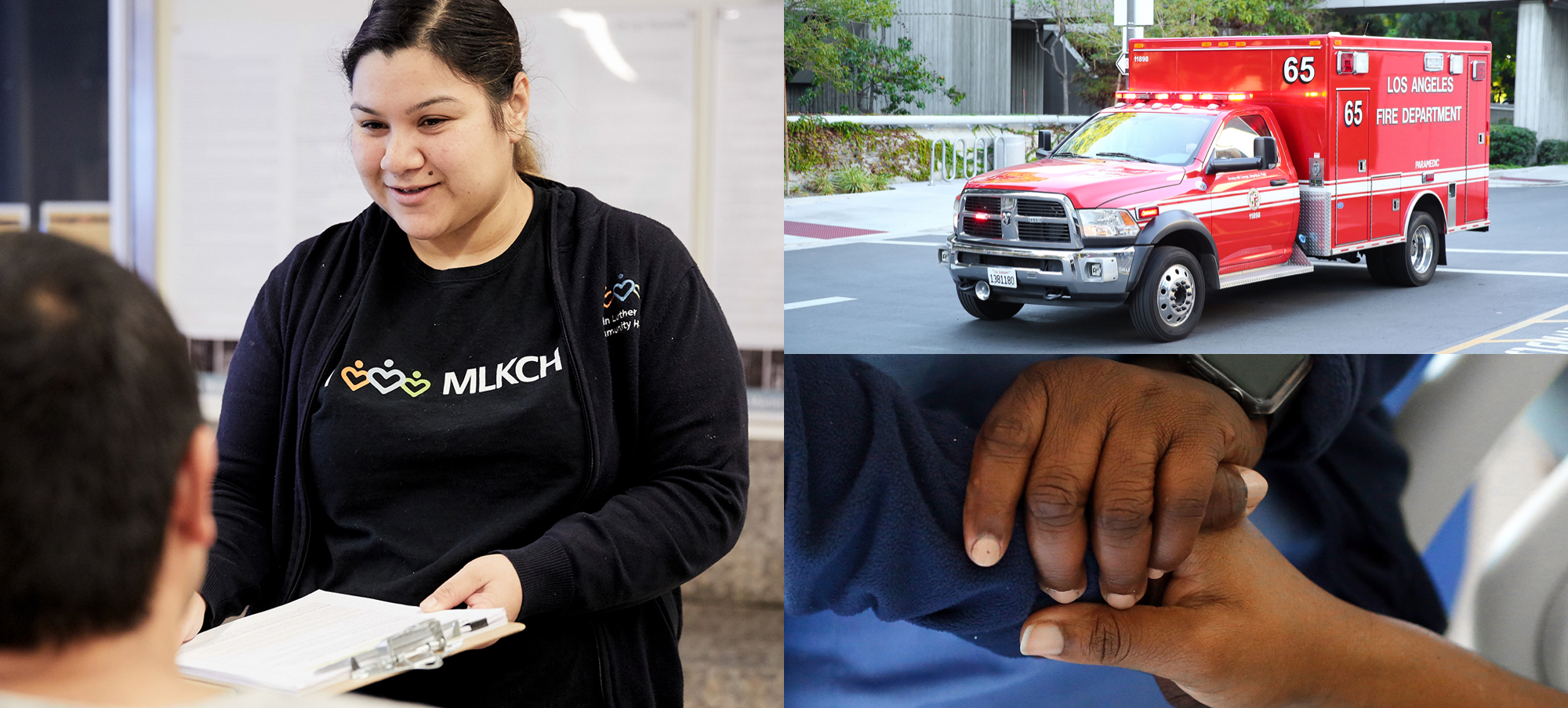 Collage. On top, an ambulance. Bottom, two hands clasped.