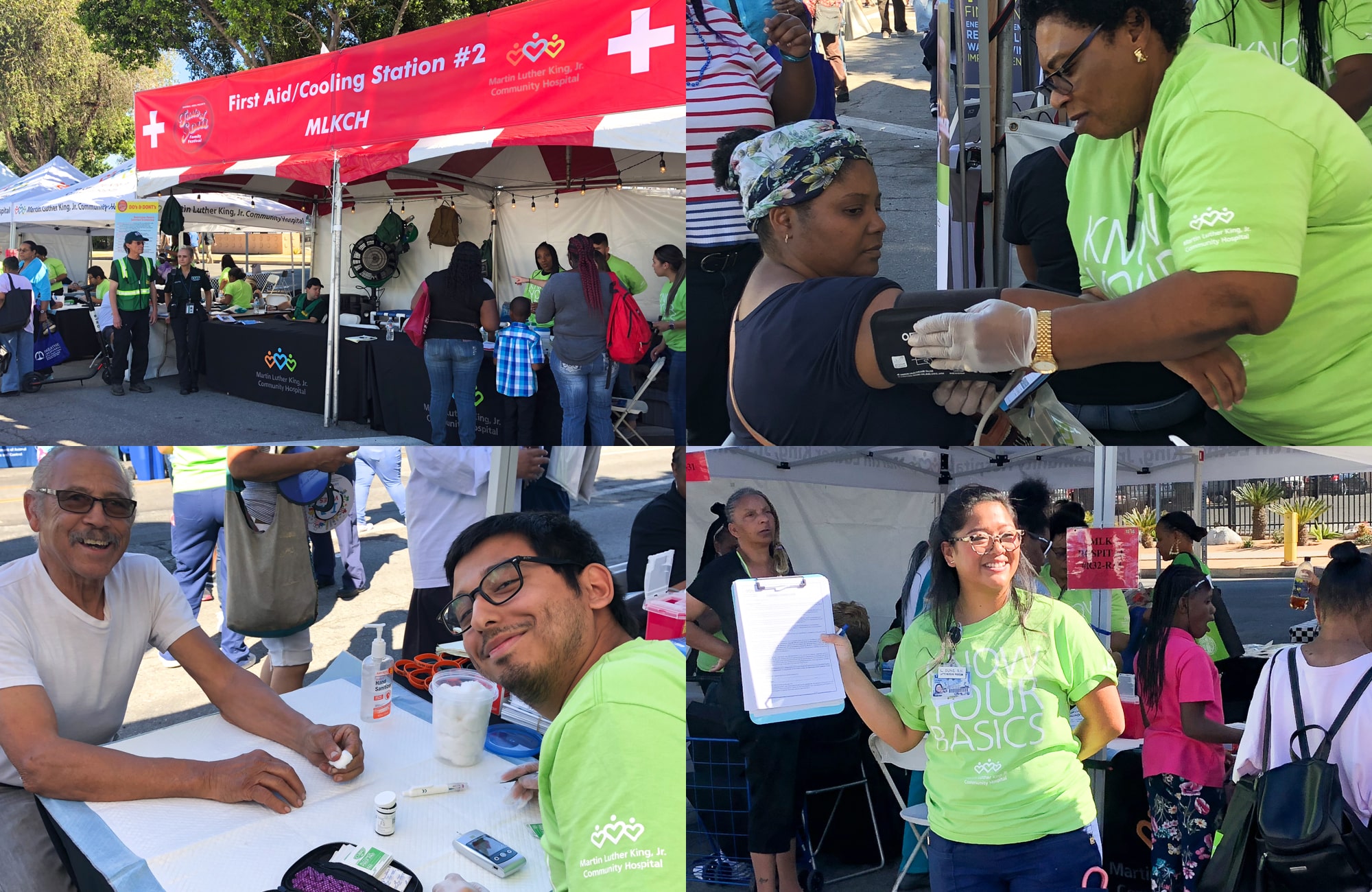 Collage of a health screening event with images of health workers taking blood pressure, smiling patients, the event tent
