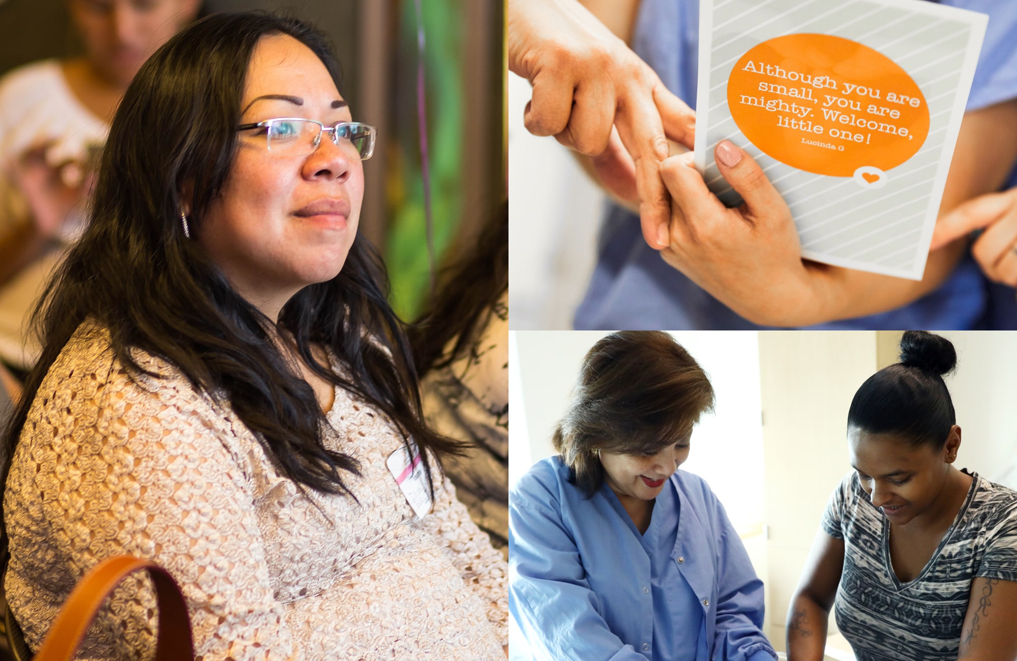 Collage of pregnant Latina woman watching presentation on left, welcome baby card on upper right, Latina nurse and Black mother smiling down at newborn baby on lower right