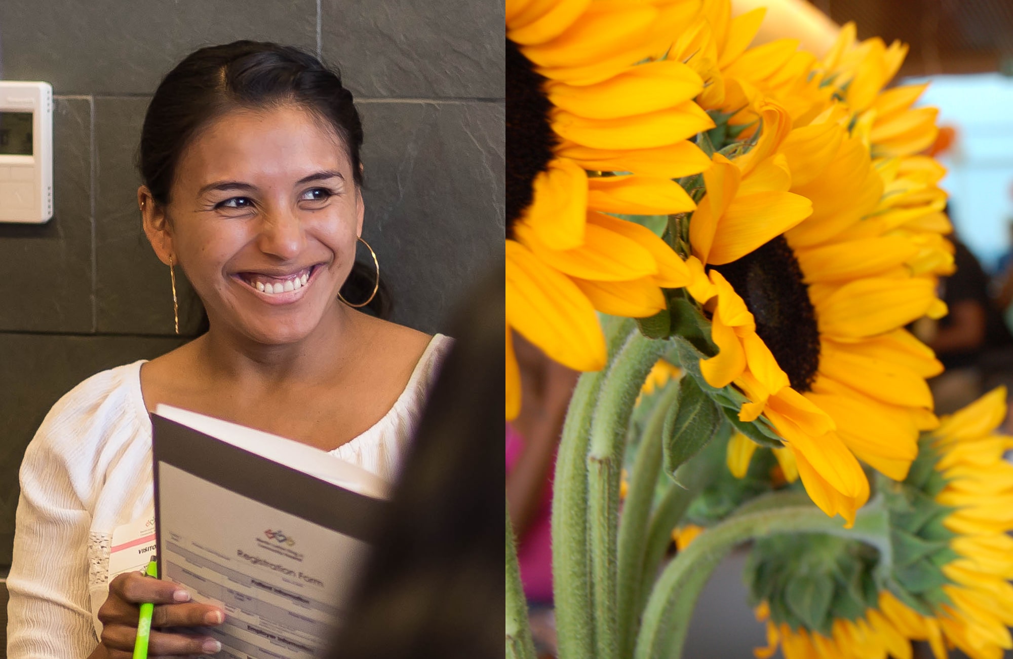 Collage of smiling Latina woman holding information packet on left, closeup of sunflowers on the right