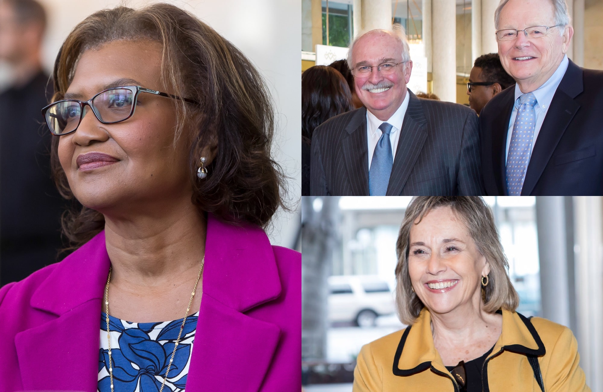 Collage with Dr. Elaine Batchlor, a Black woman, two smiling older white men in suits, a white woman smiling in a yellow jacket