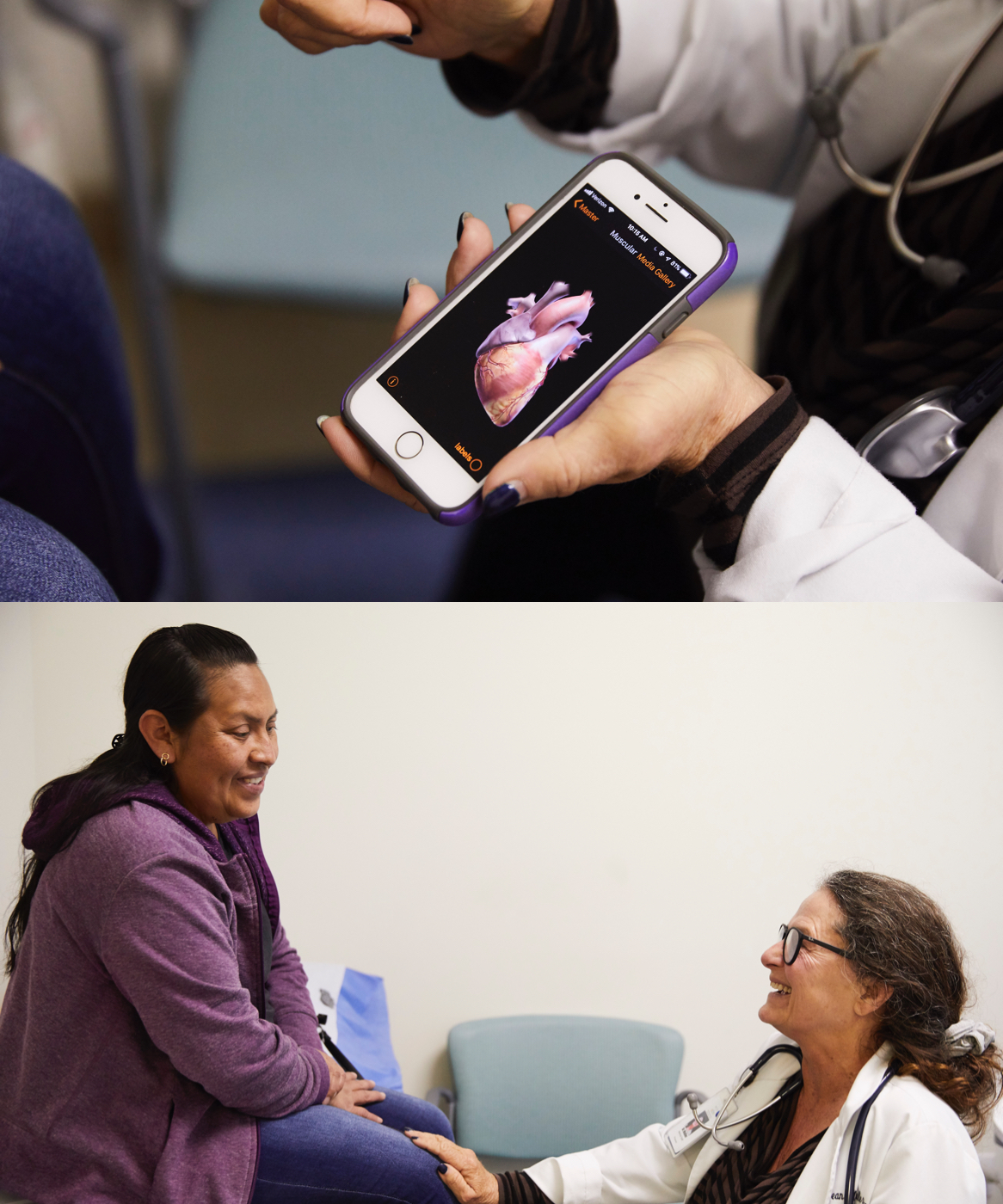Collage where the top image is a close up of an image of a heart on a phone screen and the bottom image is a white doctor and Latina patient smiling at each other