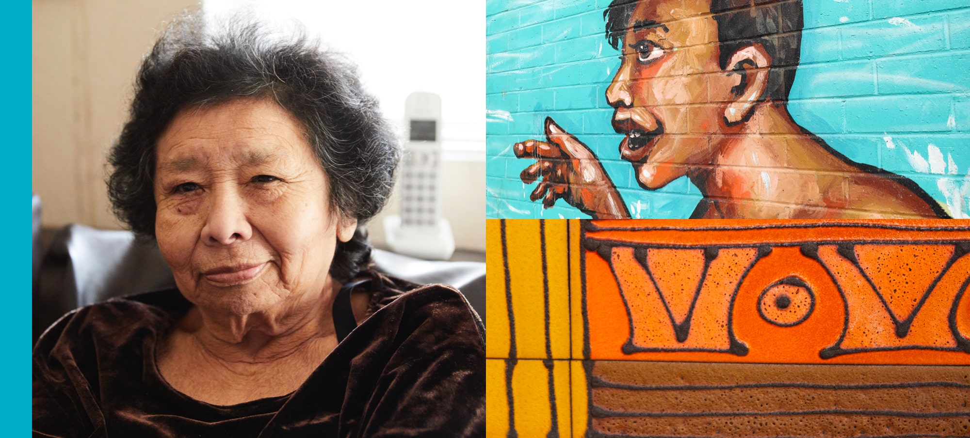 Collage de una mujer latina mayor y un mural colorido