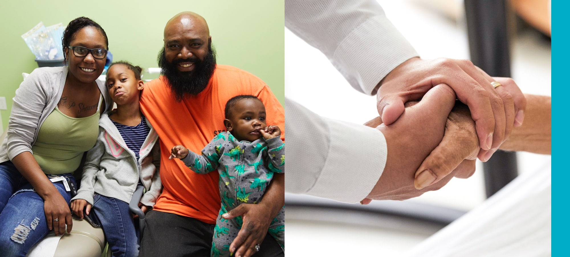 Collage of Black family and a doctor's hands holding a patient's hand