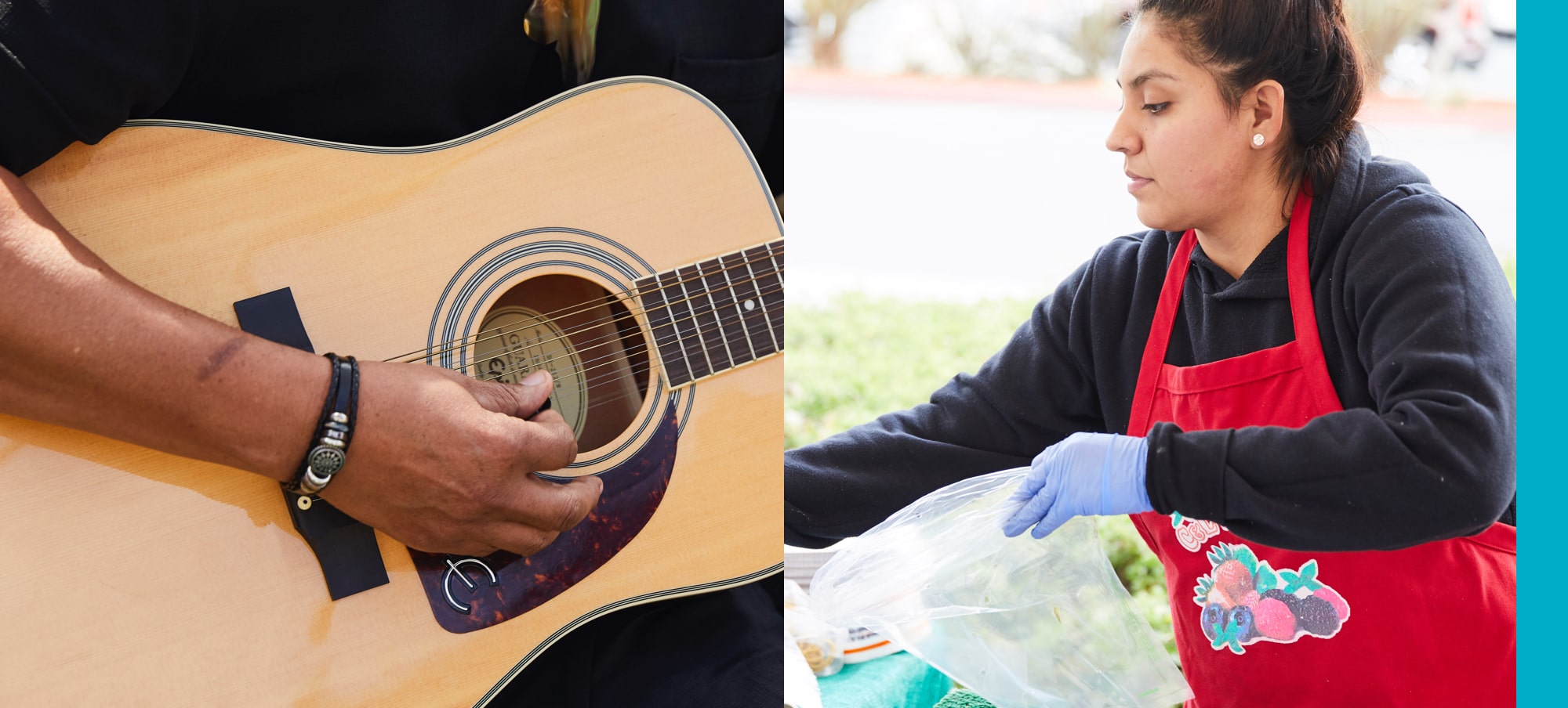 Collage of close up of guitar on left and woman working in farmers market on right