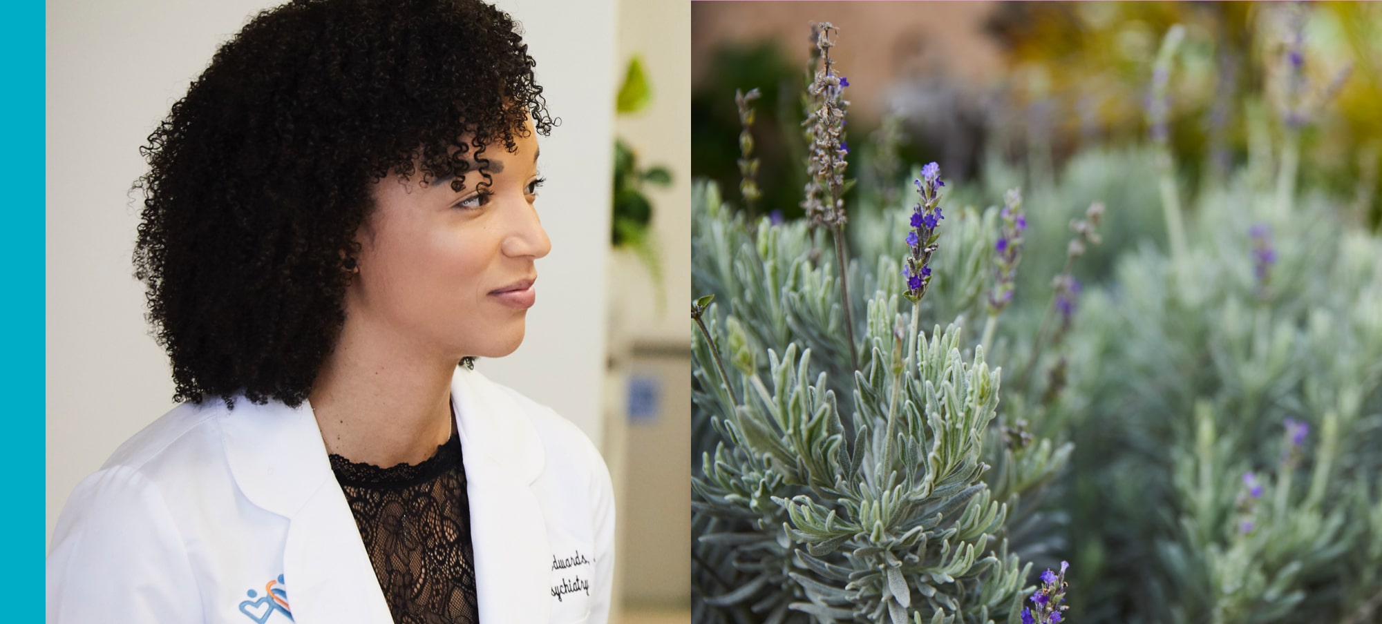 Collage of young Black female doctor in white coat and closeup of lavender plant