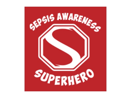 Credencial roja que dice Sepsis Awareness Superhero