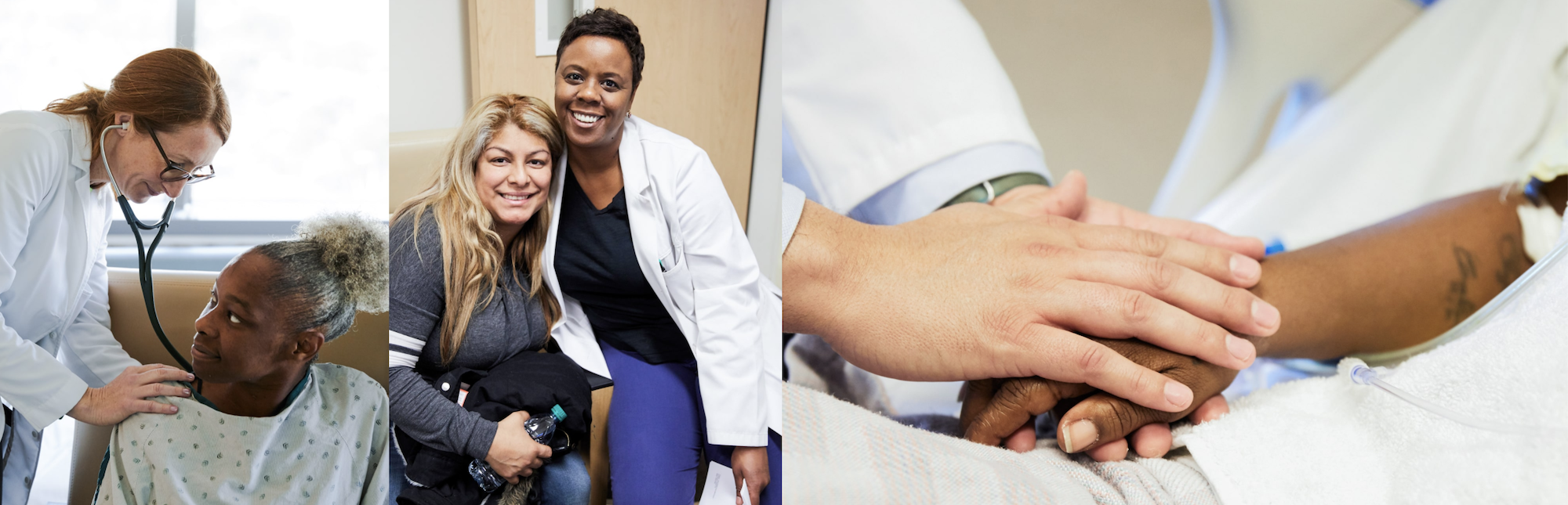 Collage of white female doctor using stethoscope on Black female patient, Black female nurse sitting side by side with female patient smiling, and close up of a doctor's hand holding a patient's