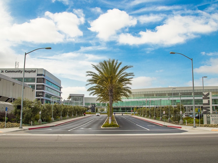 Panoramic view of hospital from the street, palm trees prominent in the middle