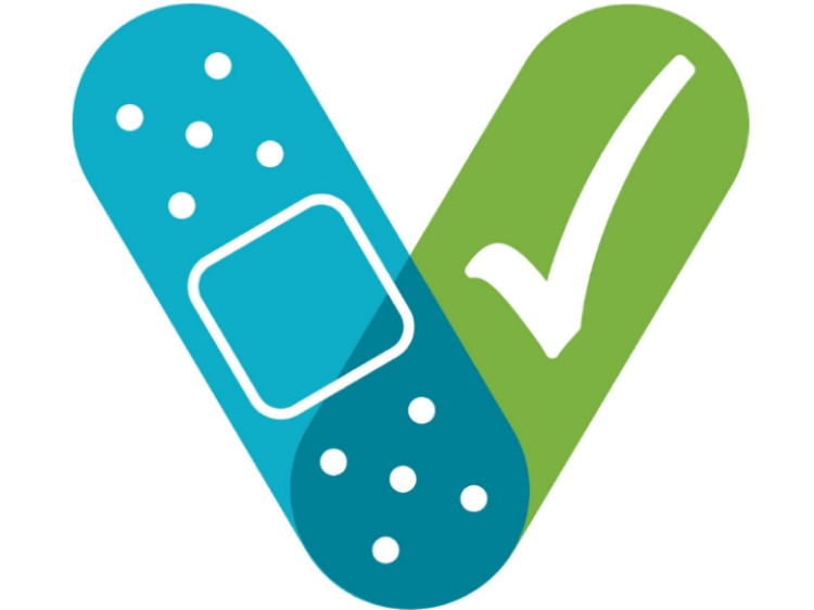 Icon of a blue bandaid and green checkmark forming a v shape