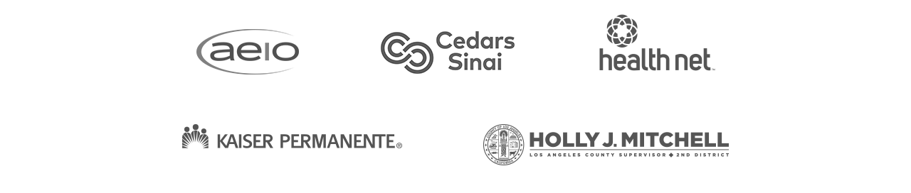 Logos for AEIO, Bank of the West, Cedars Sinai, Health Net, Kaiser, Supervisor Holly J Mitchell