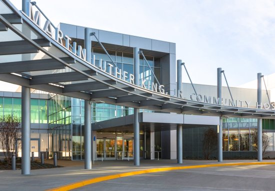 Wide angle exterior of MLKCH hospital entrance