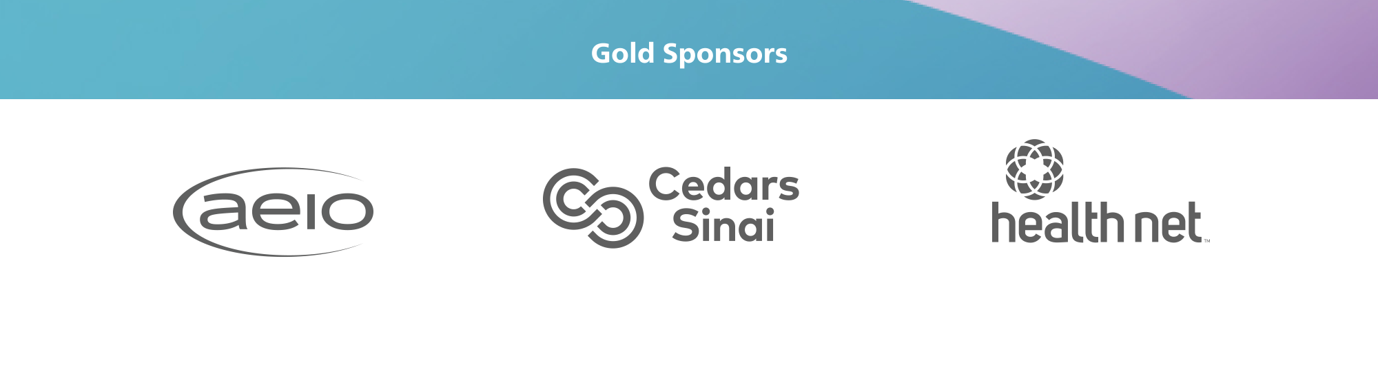 Logos for AEIO, Cedars-Sinai, and Healthnet