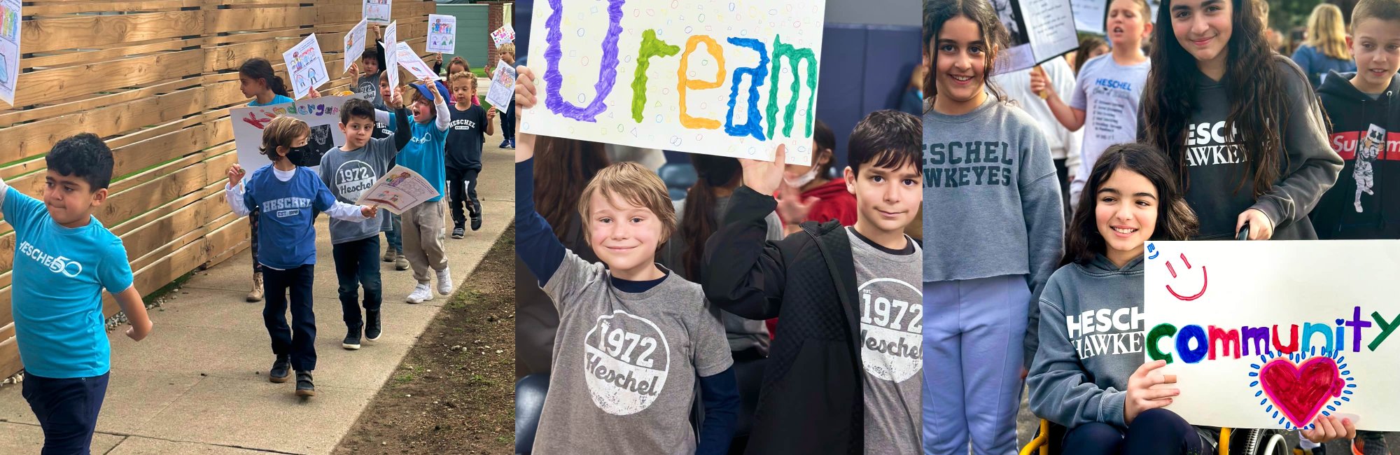 Collage of images of kids marching and holding signs