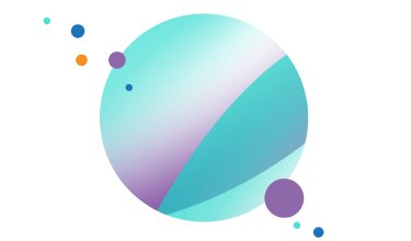 Small blue, orange, and purple circles around a large blue, white, and purple gradient circle
