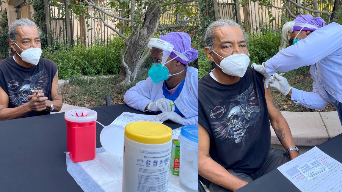 Collage of two photos of a patient receiving a vaccine