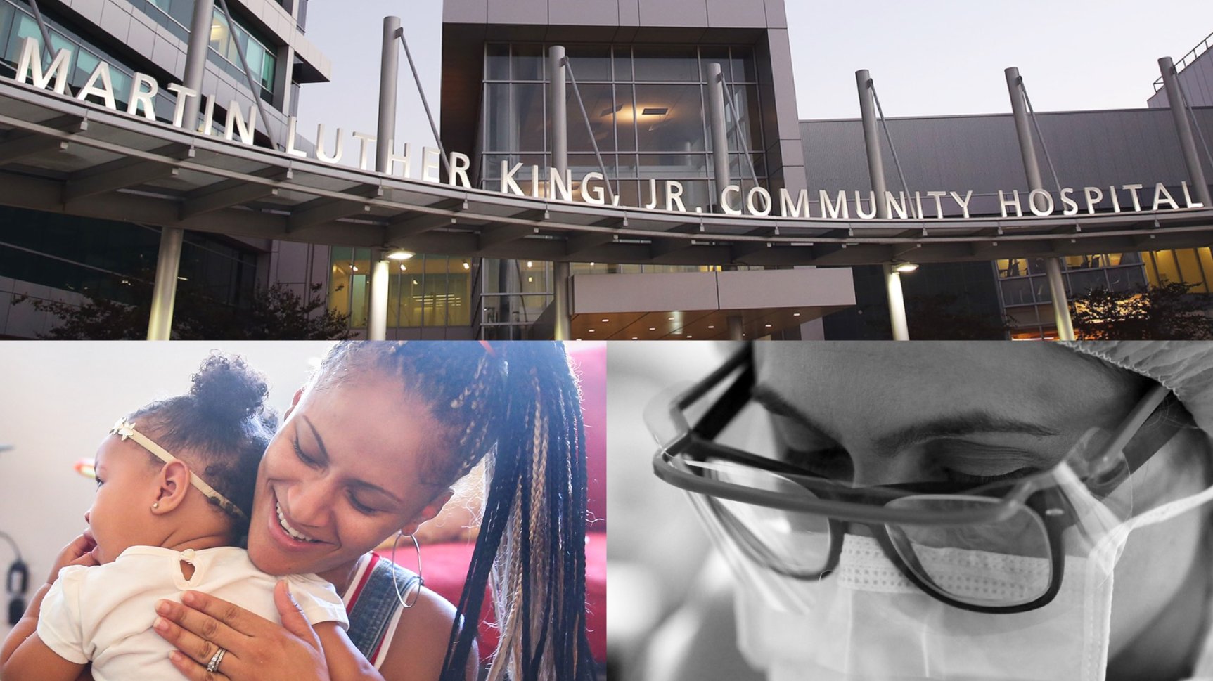 A collage of the hospital facade, a Black mom holding her child, a close up of a female nurse with a mask