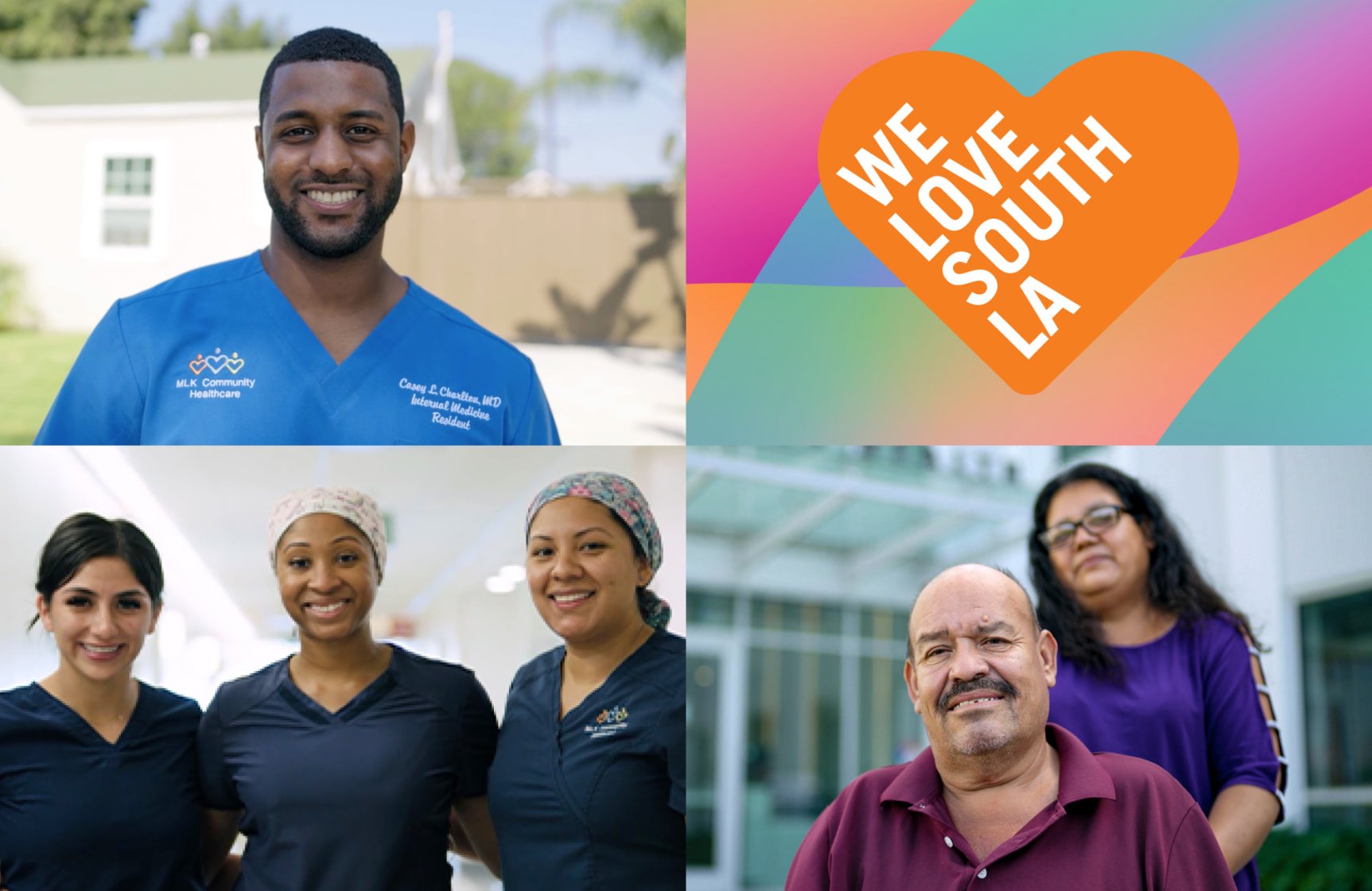 Collage of black doctor, three nurses color, and a Latino man in a wheelchair with his wife