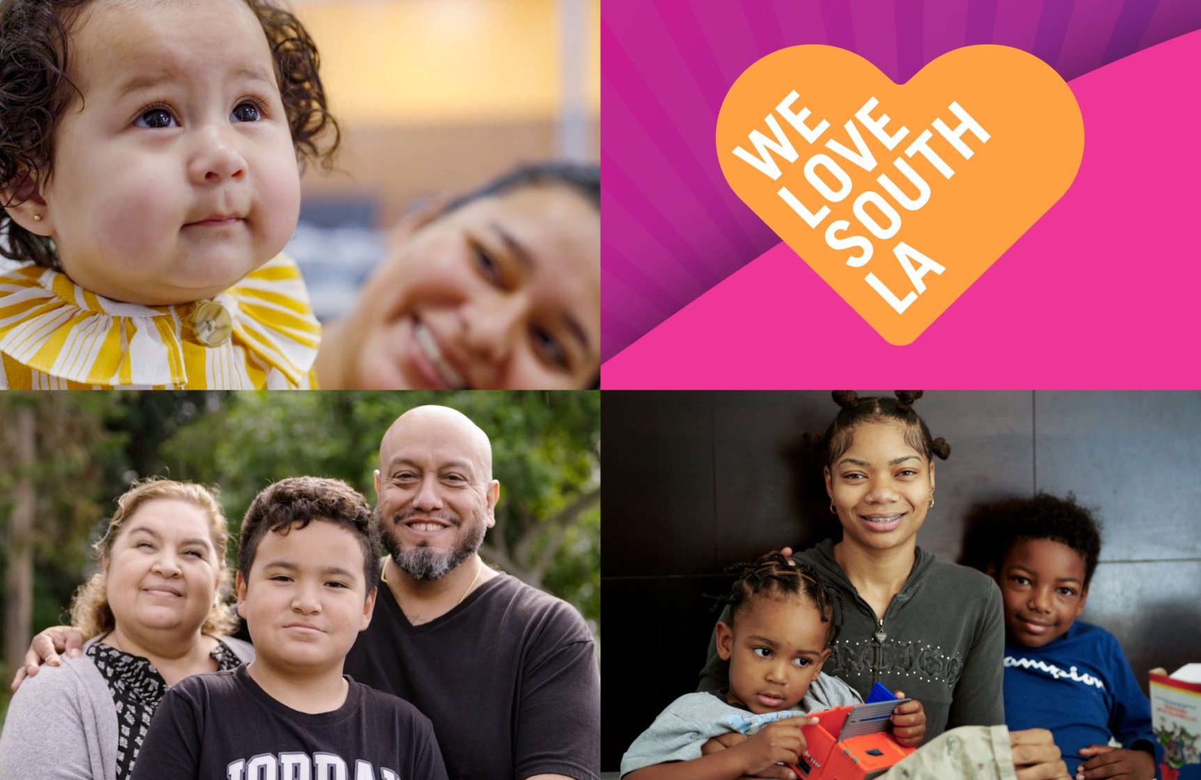 Collage of photos from the community above an orange heart that reads We Love South LA