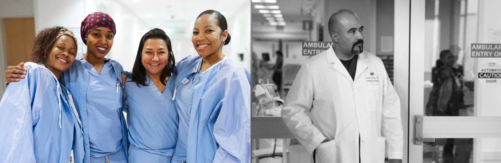 4 Nurses with arms over shoulders smiling and doctor outside of ER in black and white