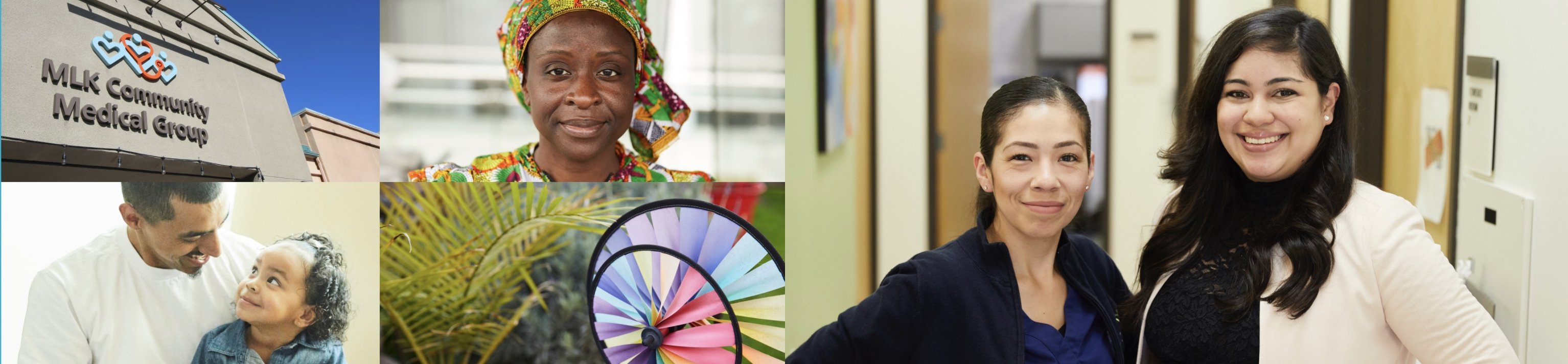 Collage of clinic facade, father smiling at young daughter, young Black woman in African prints, closeup of windcatcher, and two Latina nurses standing side by side