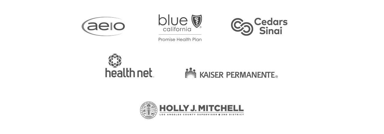 Logos for AEIO, Bank of the West, Blue Shield, Cedars Sinai, Health Net, Kaiser, Supervisor Holly J Mitchell