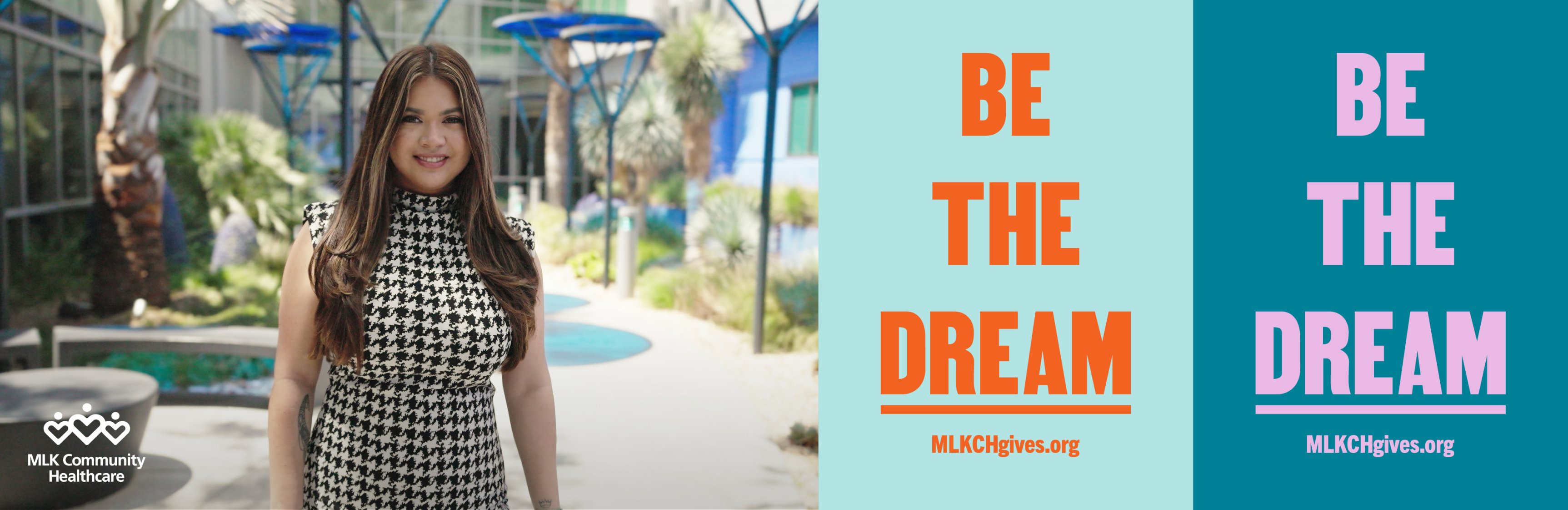 Banner with image of young woman standing in a garden smiling, and orange text on a blue background that reads "Be the Dream"