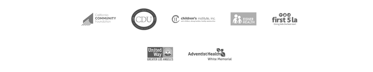 Logos of community partners: California Community Foundation, Charles Drew University, Children's Institute, Eisner Health, First 5 LA, United Way Greater LA, Adventist Health White Memorial