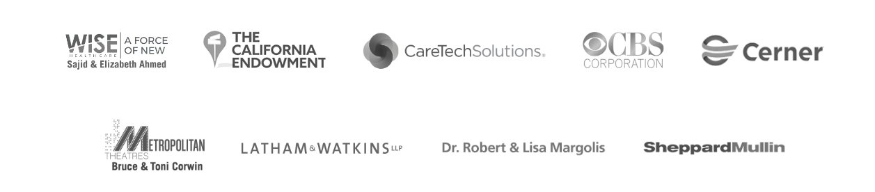 Logos of the silver sponsors: WISE, The California Endowment, Caretech Solutions, CBS, Cerner, Metropolitan Theatres, Latham & Watkins, Dr. Robert and Lisa Margolis, Sheppard Mullin