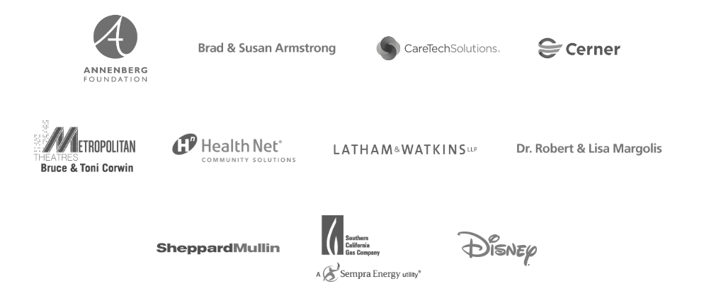 Logos of silver sponsors: Annenberg Foundation, Brad & Susan Armstrong, Caretech Solutions, Cerner, Metropolitan Theatres Bruce & Toni Corwin, Healthnet, Latham & Watkins, Dr. Robert & Lisa Margolis, SheppardMullin, SoCalGas, Disney