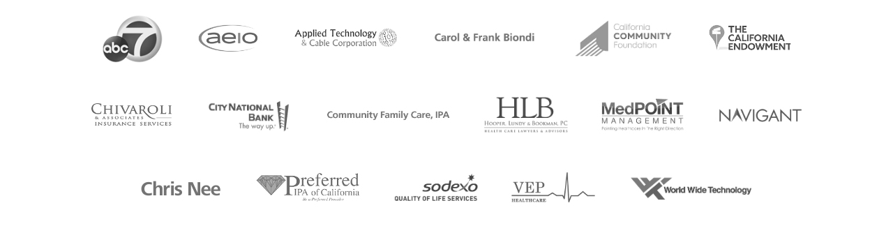 Logos of table sponsors: ABC7, AEIO, Applied Technology, Carol & Frank Biondi, California Community Foundation, The California Endowment, Chivaroli & Associates, City National Bank, Community Family Care IPA, HLB, Medpoint Management, Navigant, Chris Nee, Preferred IPA of California, Sodexo, VEP Healthcare, World Wide Technology