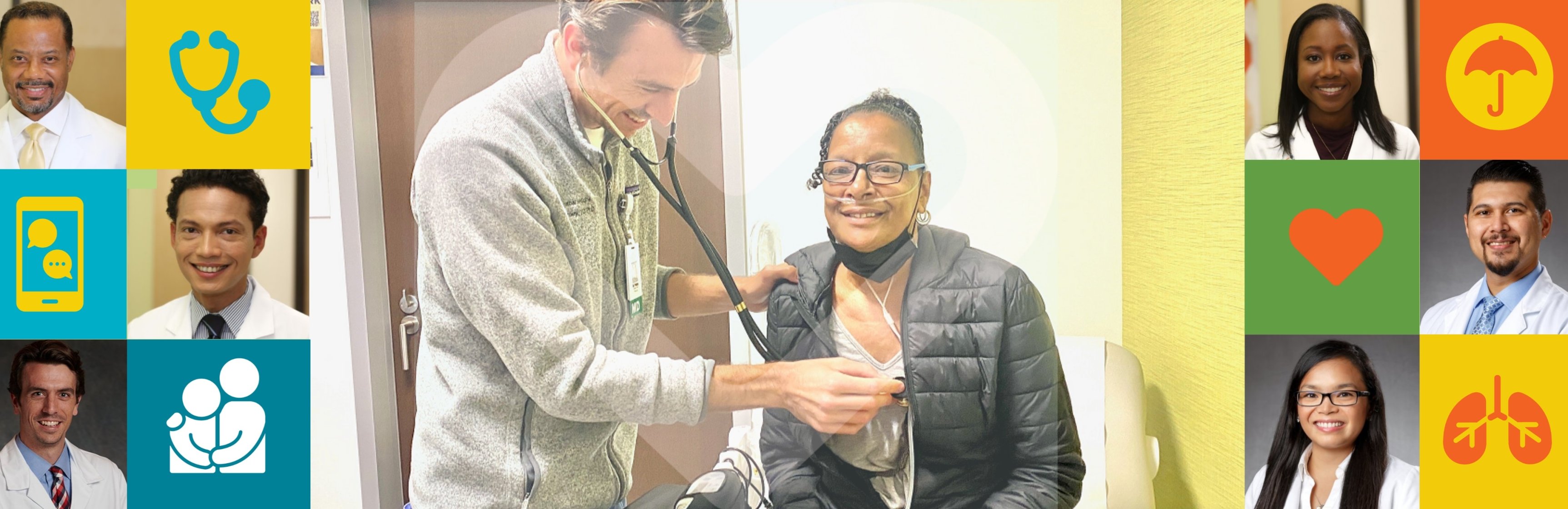 Older African American woman sitting with a white male doctor holding a stethiscope up to her chest