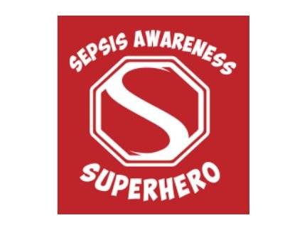 Red badge that reads sepsis awareness superhero