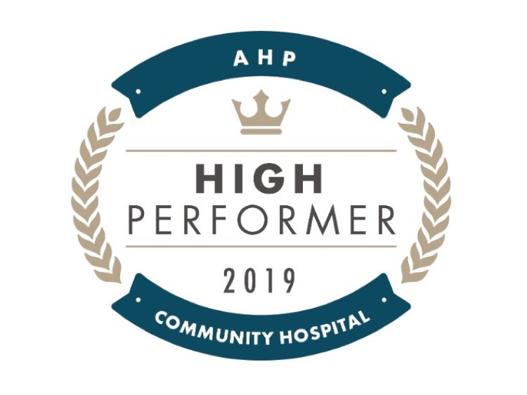 Badge that reads AHP high performer 2019 community hospital
