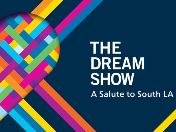 Diseño de corazón tejido multicolor junto a un texto que dice The Dream Show A Salute to South LA sobre un fondo azul oscuro